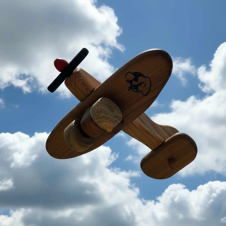 Wooden Hurricane toy plane against blue sky with clouds